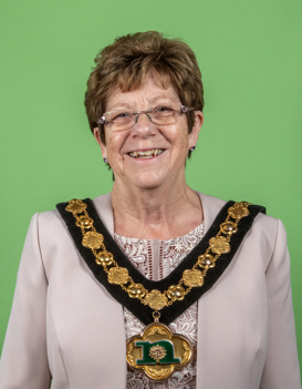 Cllr Jan Goold Madam Chair wearing her chain of office