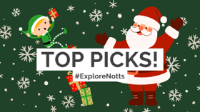 An elf falling off a stack of presents next to Santa. Top picks, Explore Notts. 