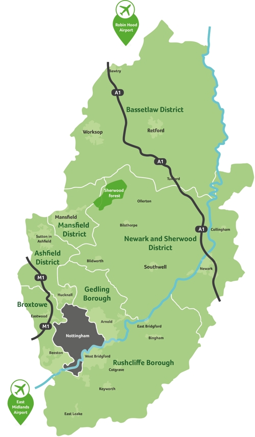 Map of Nottinghamshire districts