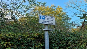 2 hour parking road sign with hedge background: Reads Mon-Sat 8am - 6pm, 2 hours, No return within 1 hour