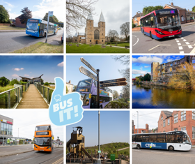 A collage of bus and scenery images and a light blue thumbs up and the words Bus It