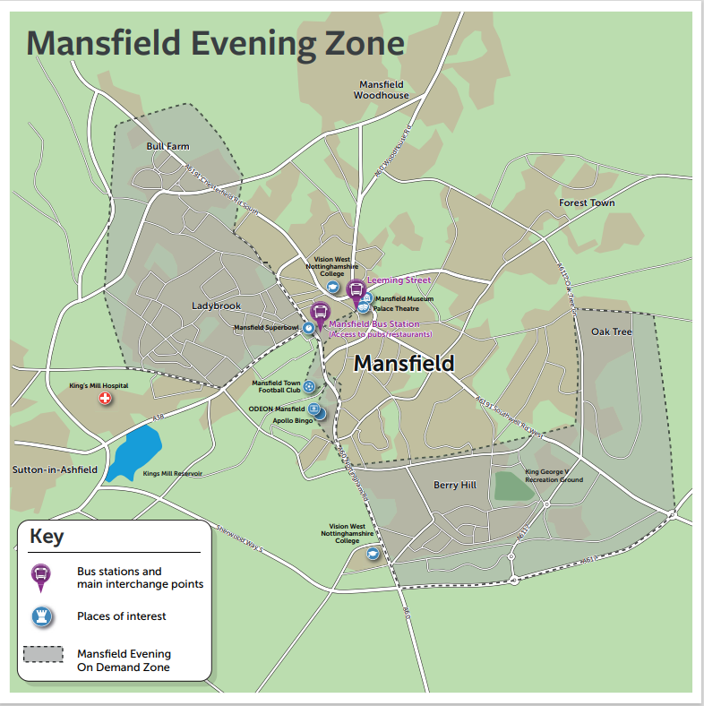 Map showing the Mansfield evening Nottbus On Demand zone