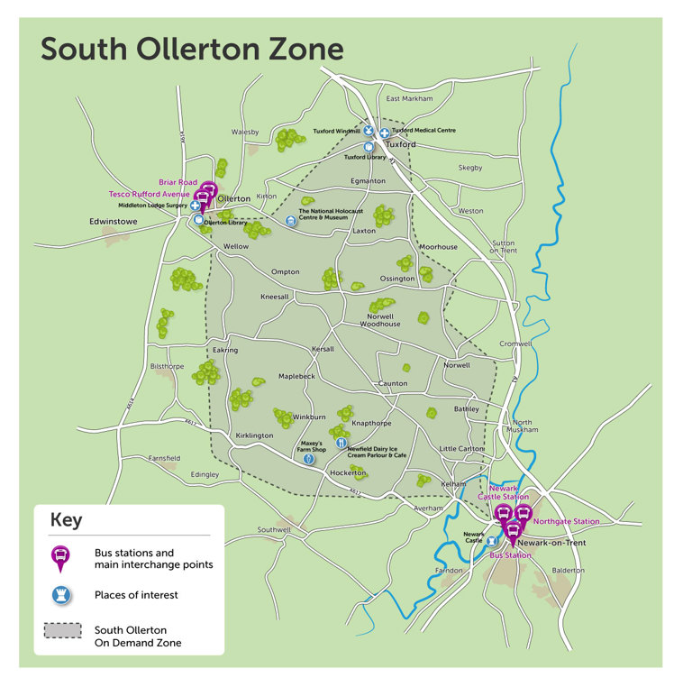 a map of the South Ollerton on demand zone.