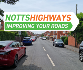 Notts Highways logo over a microasphalted road with cars either side