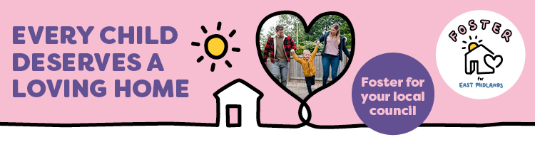 Pink banner with heart graphic and image of fostering family, with text Foster For Your Local Council.