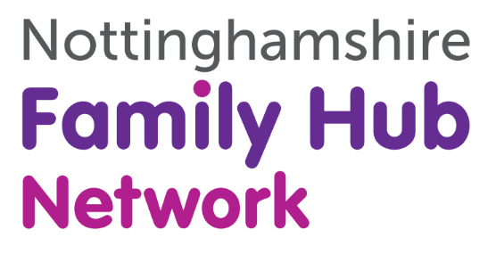 Pink and purple Family Hub logo. Text reads: Nottinghamshire Family Hub Network