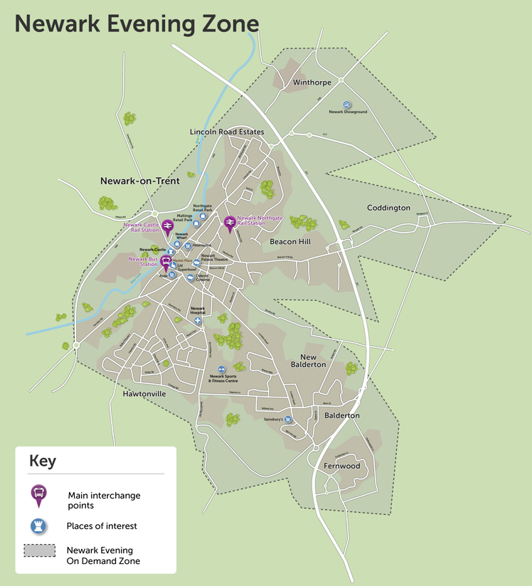 A map of the Newark Evening on demand zone.