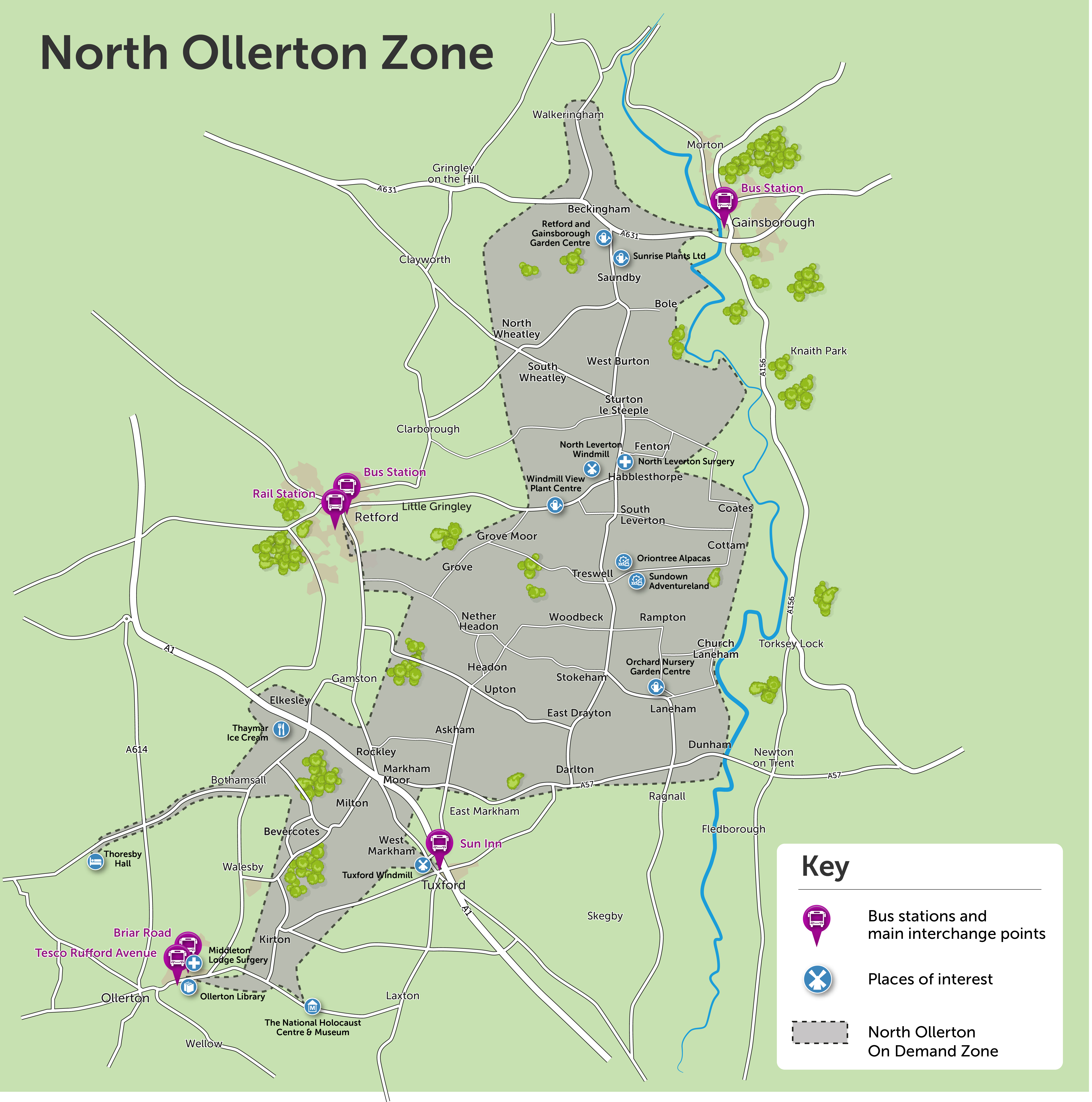 A map showing the North Ollerton zone of Nottbus On Demand